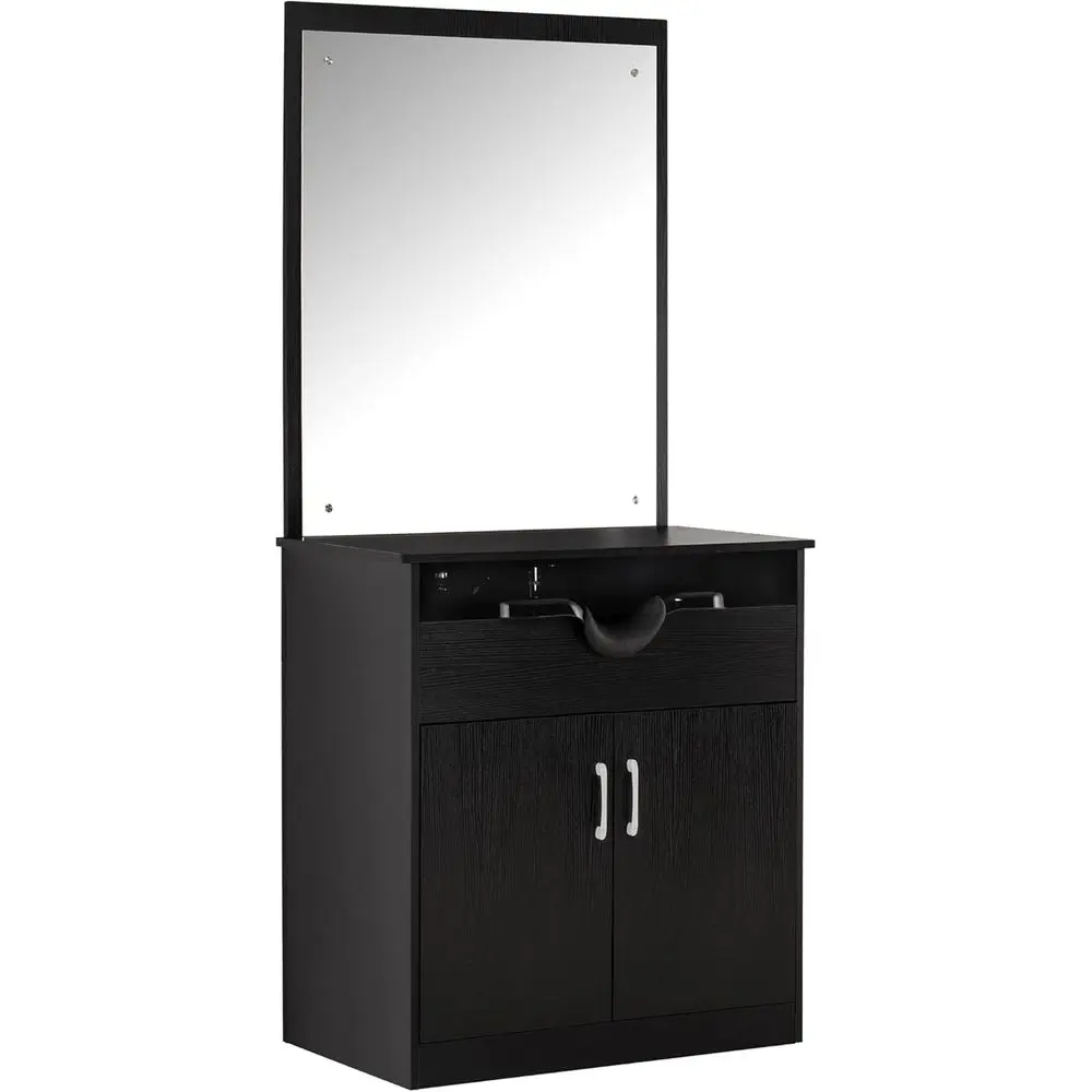 

Роскошная черная станция для обратной промывки с чашей для шампуня, зеркалом и шкафом для укладки спа-оборудования