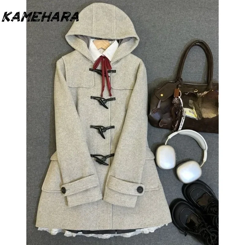 

Японское винтажное пальто на пуговицах с рогами для женщин, новое осеннее универсальное свободное повседневное шерстяное пальто в студенческом стиле