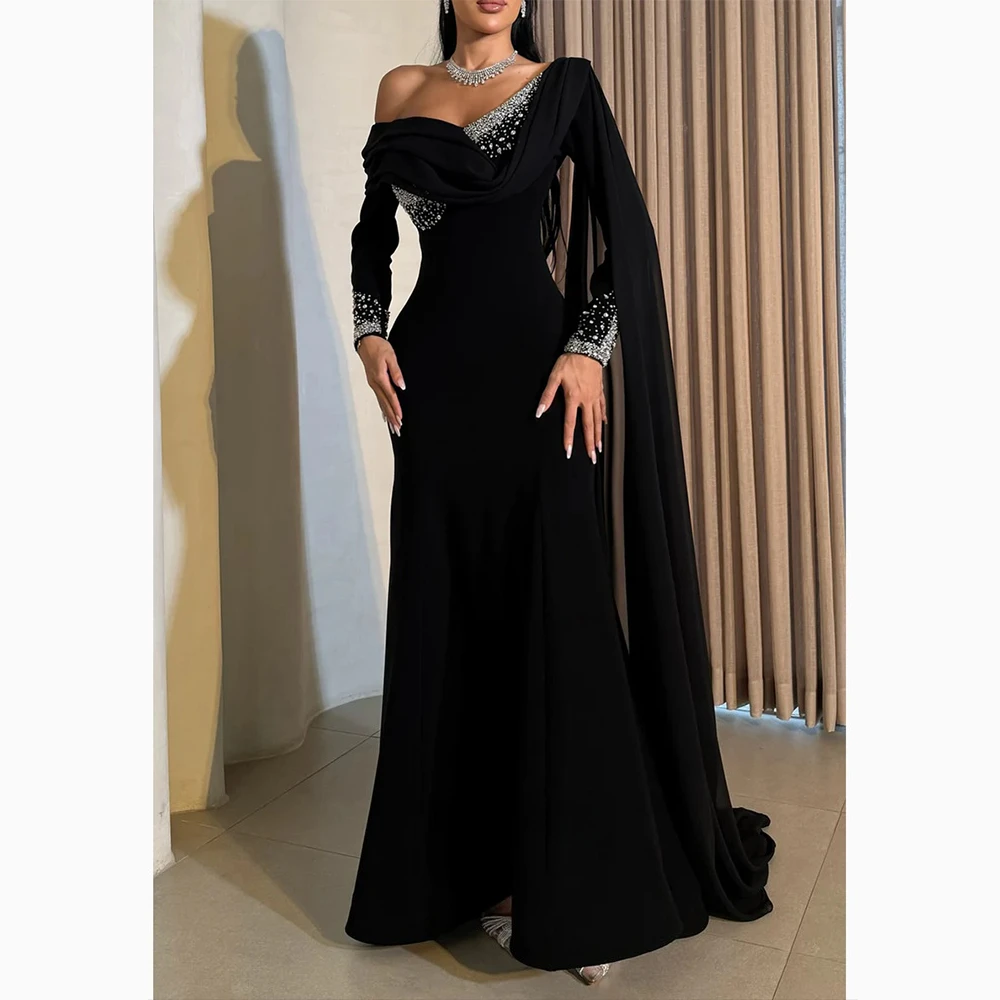 

Customized One Shoulder Long Sleeves Evening Dresses Crystal Ribbon Prom Gowns Self-culticatuionStraight Floor Lenght Prom Dress