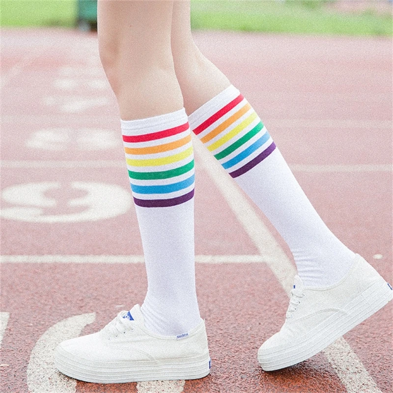 

Women JK Girls Cotton Over Calf Long Socks Japanese Rainbow Striped Student Uniform Casual Knee High Socks Dropshipping
