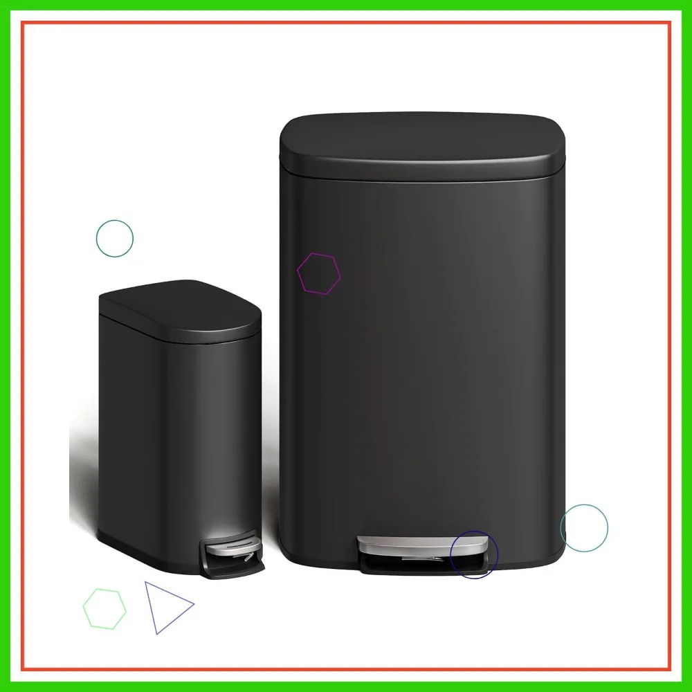 

13.2 & 2.6 Gallon Metal Trash Can Combo Set with Lid, Step-On Rustproof Garbage Bin, Black