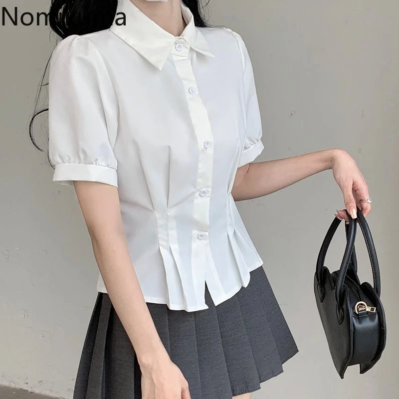 2024 Camisas De Mujer Women Shirt Puff Sleeve Slim Waist Blouses Fashion Summer White Crop Tops Korean Vintage Sweet Blouse