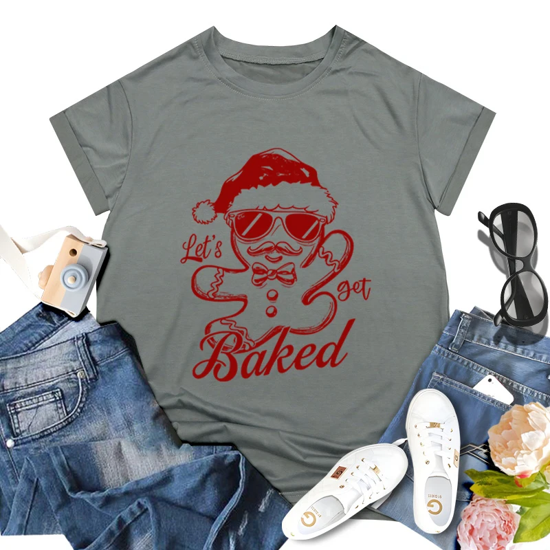 Cute Christmas Gift Crew Neck Short Sleeve T-shirt Let's Get Baked Shirt Funny Xmas Cookie Classic Tops Cute Santa Party T-shirt