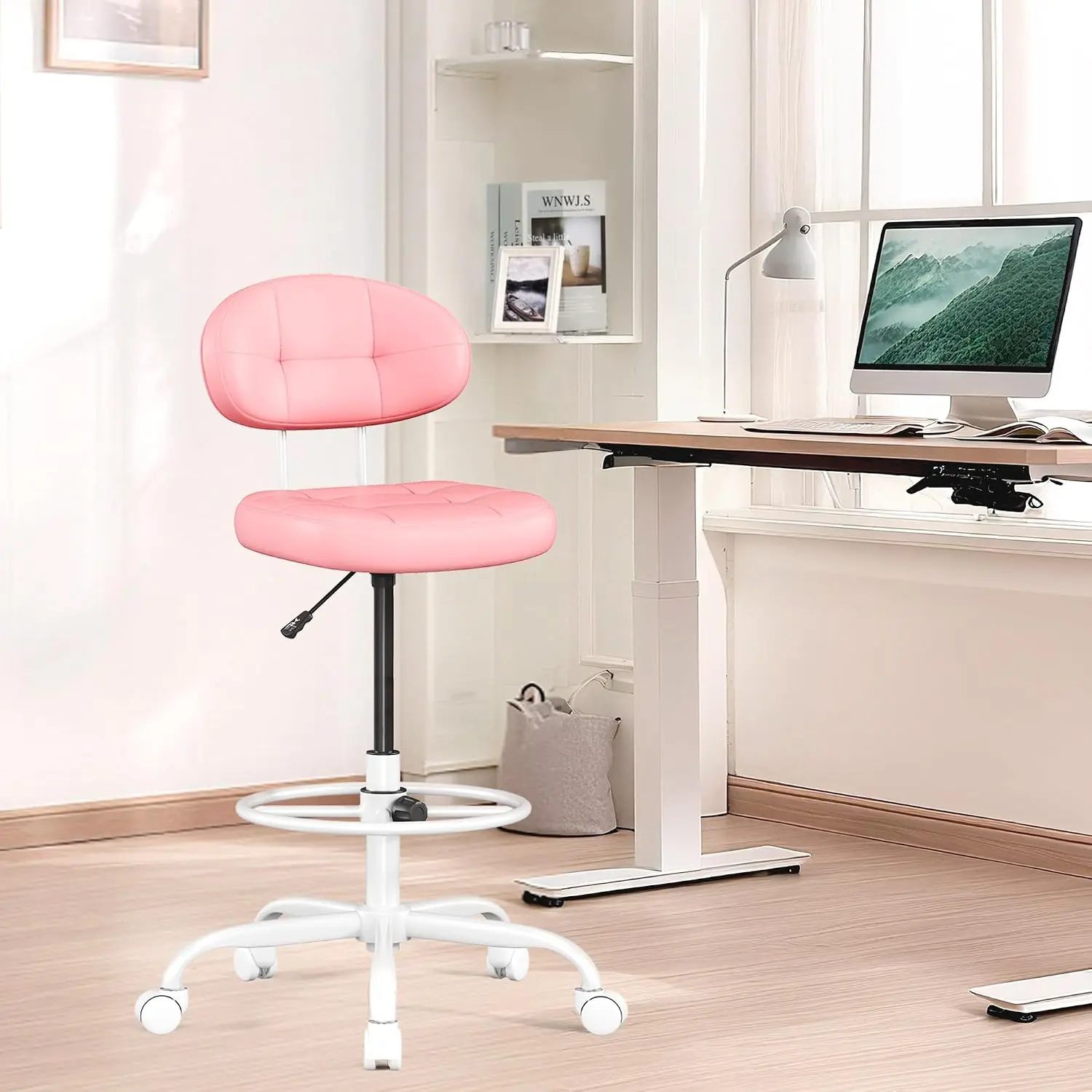 Misolant Drafting Chair, Armless Tall Office Chair with Footrest Ring for Standing Desk, Small Faux Leather Executive Computer C