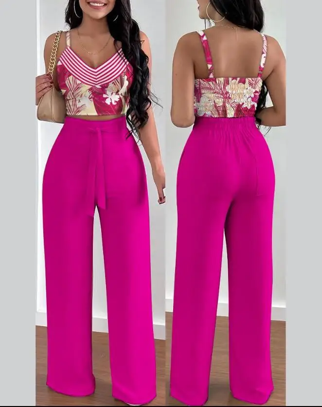 

Tropical Print V-Neck Short Sexy Camisole Top and Rose Red High Waisted Lace Up Wide Leg Pants Fashionable Women's Pants Set