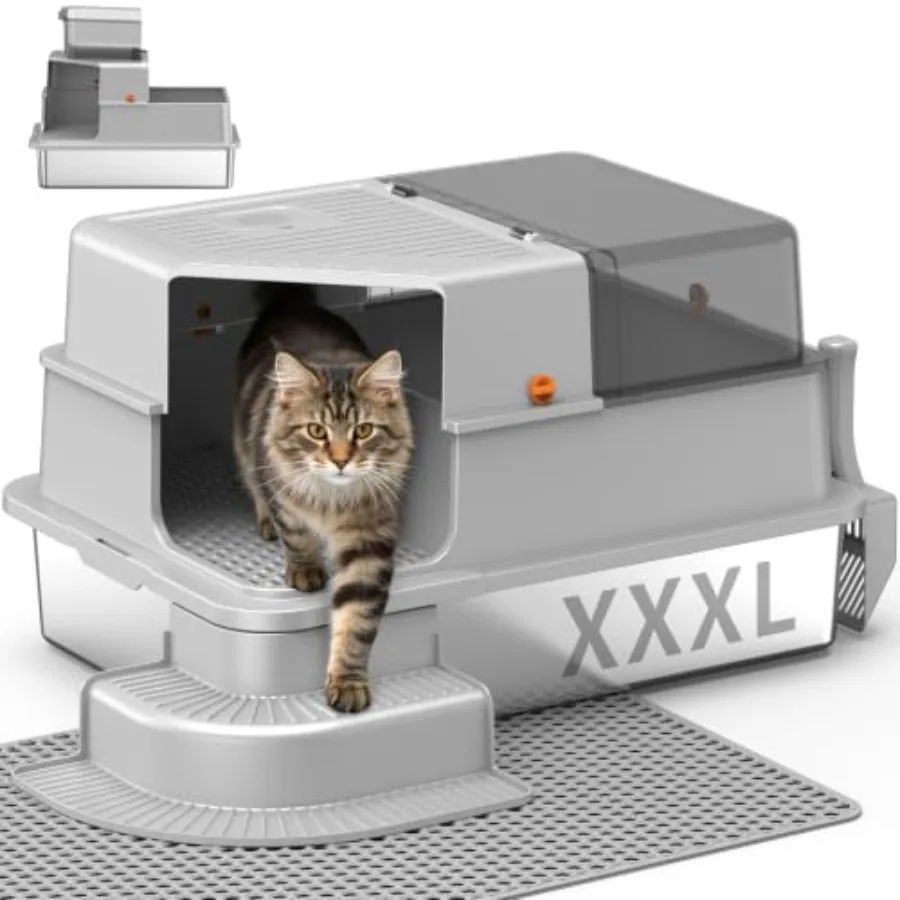 Extra Large XXXL Stainless Steel Cat Litter Box with Lid for Home Use, Light Gray, Rust-Resistant and Odor-Blocking