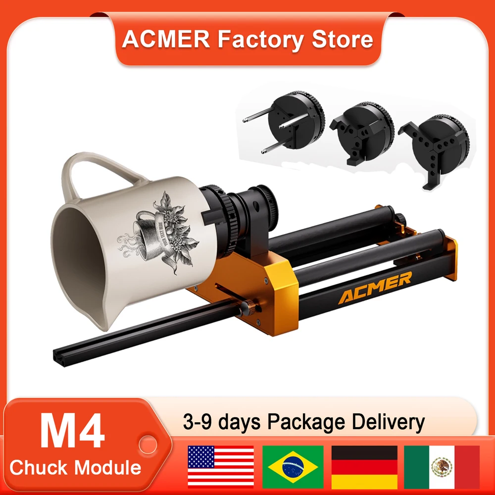

ACMER M4 Chuck Rotary Roller 4IN1 360° Rotary Module Clippable Diameter 4-64mm Laser Engraver Accessories for Cylindrical Object