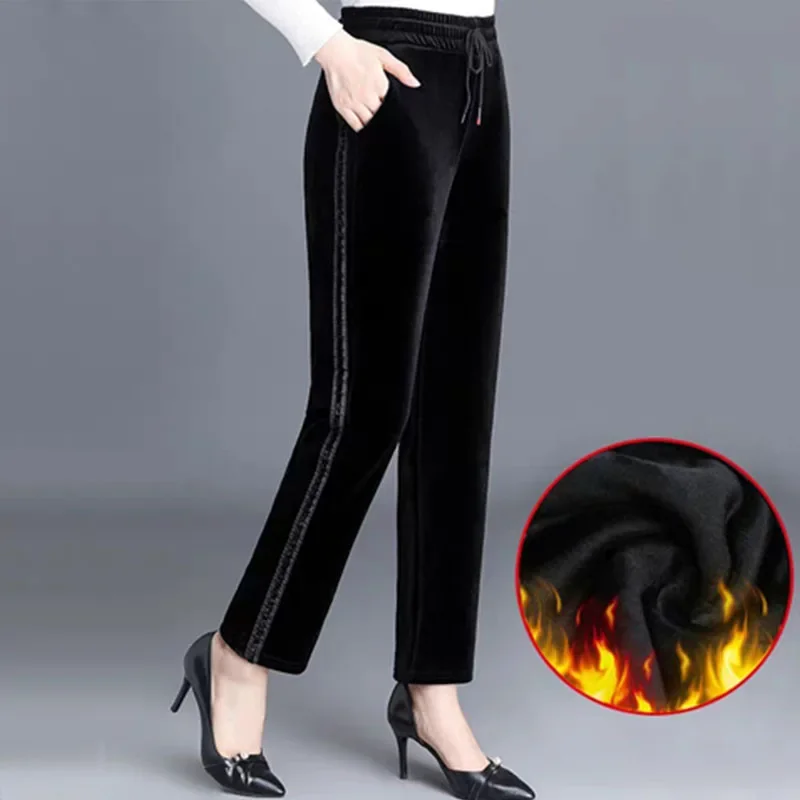 

Autumn Winter Golden Velvet Warm Trousers Vintage High Waist Elastic Lace-up Fashion Casual Loose Women 5XL Straight Pants N82