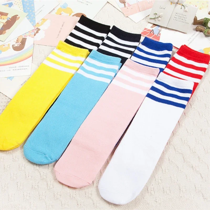 Kids Knee High Long Socks Girls Boys Football Stripes Cotton Sports School White Socks Skate Children Baby Thigh Tube Leg Warm