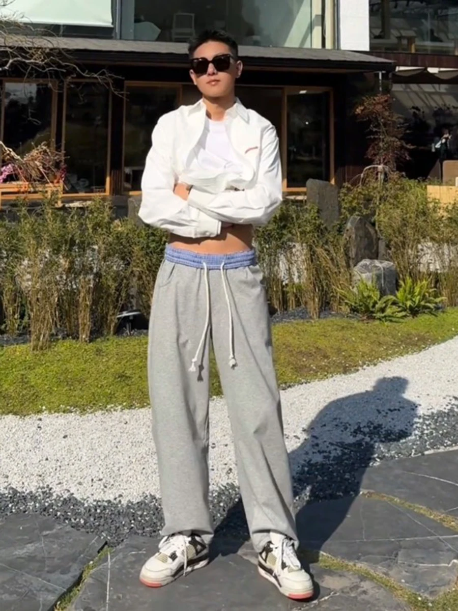 Trendy Plaid Patchwork Men's Casual Sports Pants Spring Autumn High Waist Straight Leg Loose Fit Youthful Sle Regular Stretch