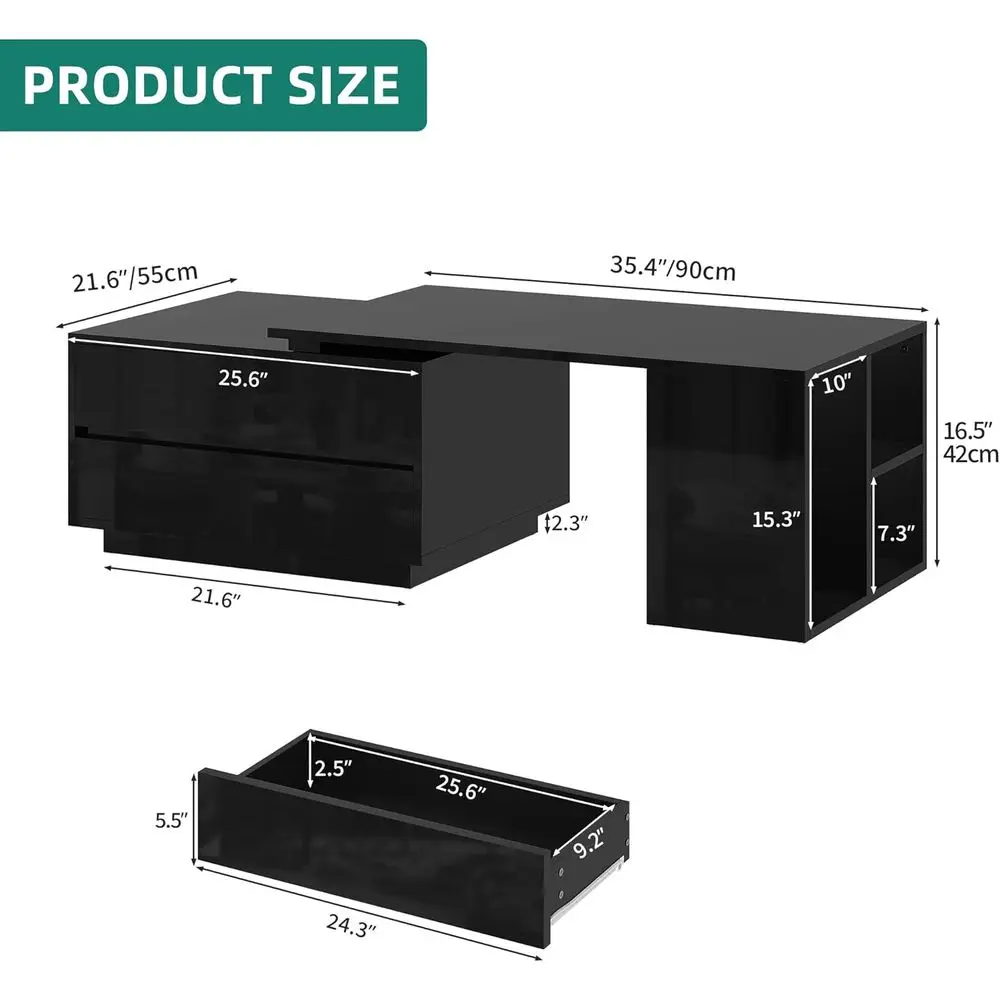طاولة قهوة حديثة مستطيلة LED مع 4 أدراج، تخزين قابل للتمديد، أرفف مفتوحة، سطح منزلق، 35-61 لغرفة المعيشة/المنزل #2