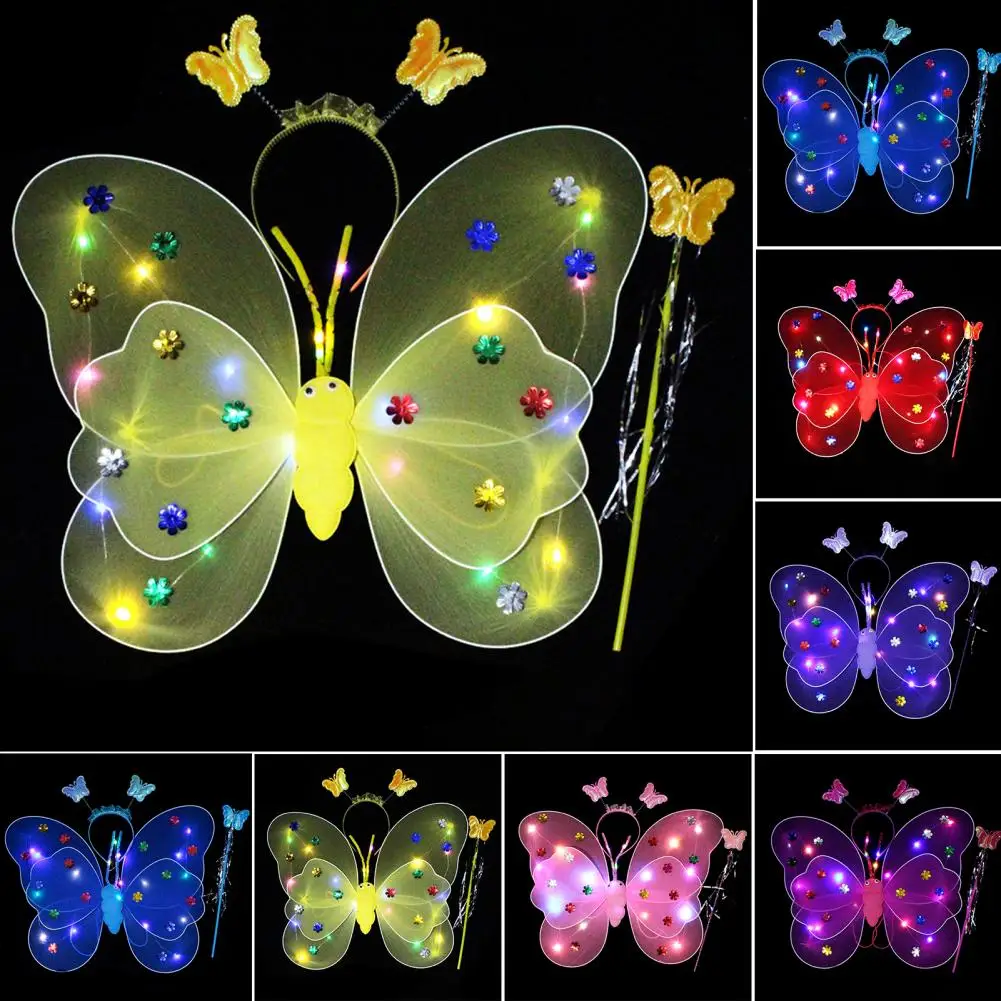 3Pcs/Set Glowing Butterfly Wing Colorful Lighting Head Band Angel Wand 20 LEDs Children Performance Props Girls Fairy Wing