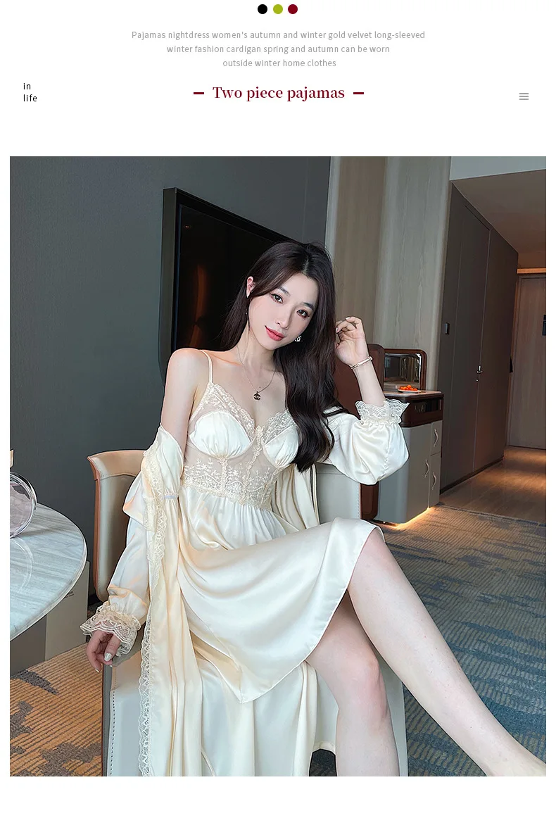 Twinset Robe Gown Set Sexy Women Sleepwear Lace Kimono Bathrobe Nightdress Sleep Suit Satin Home Dress Nightgown