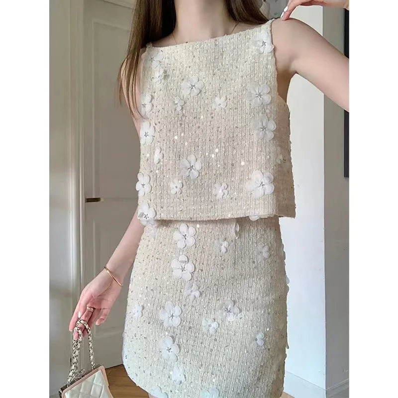 

LML set women's summer new French sequin short sleeveless top with buttocks wrapped skirt fashion two-piece set womens outifits