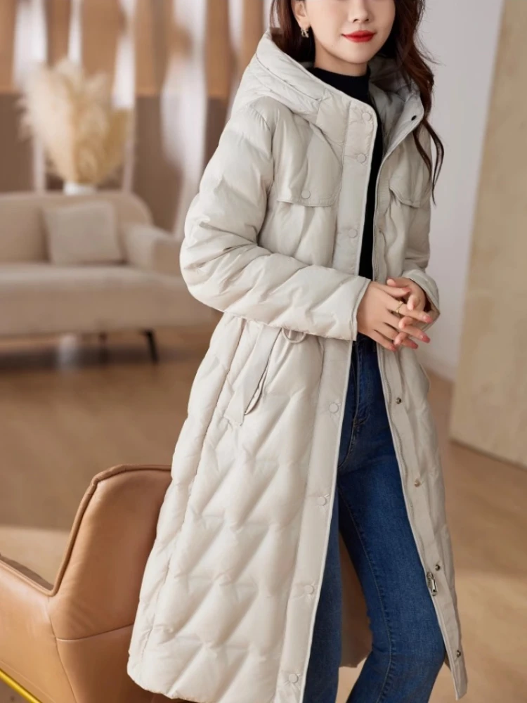 White Duck Down Jacket for Women, Long Coats, Monochromatic, Slim Hooded, Waist, Outdoor, Casual, Warm, Winter Clothing