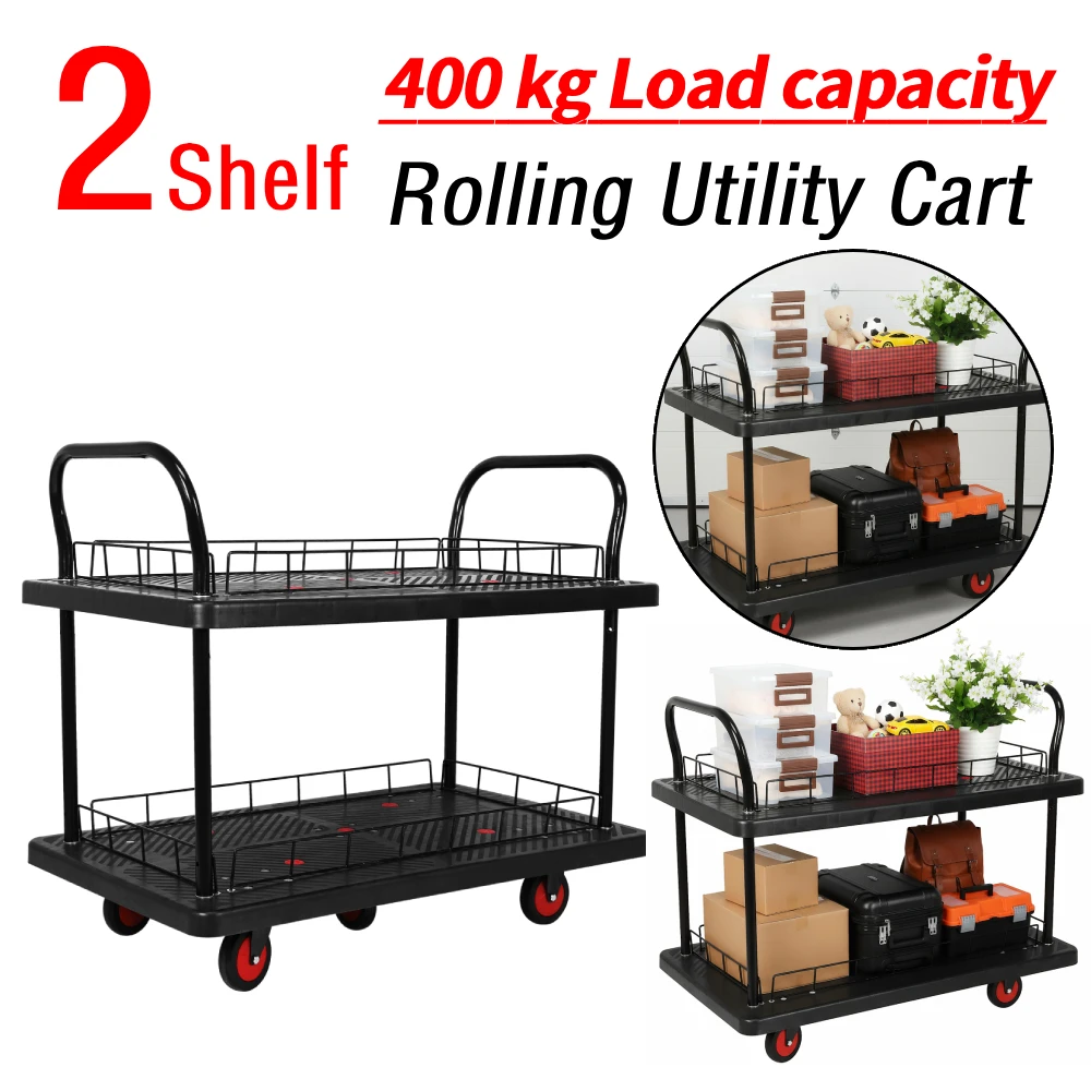 รถเข็นอเนกประสงค์แบบมีล้อ 2 ชั้น สำหรับงานหนัก เหมาะสำหรับคลังสินค้า/โรงรถ/ทำความสะอาด/การผลิต