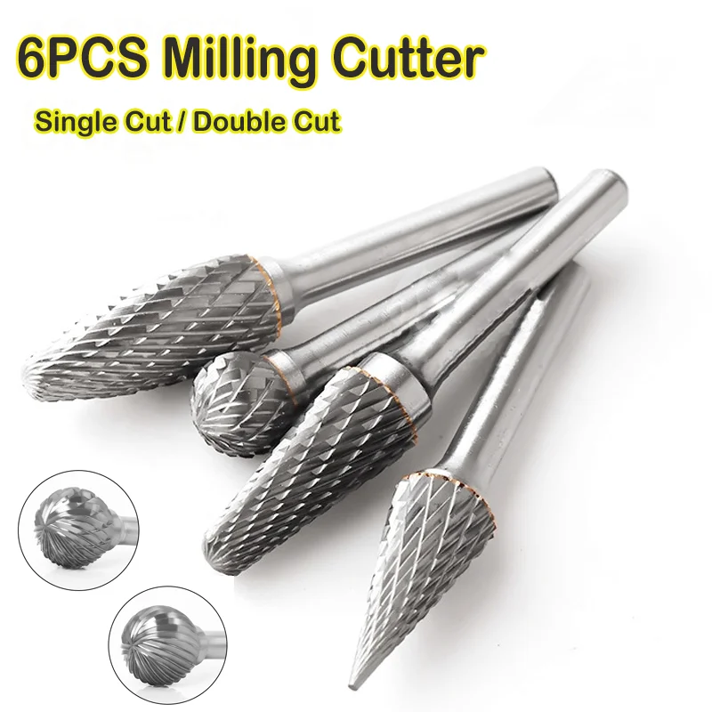 

6Pcs 6mm-16mm Hard Alloy Rotary File Double Groove Tungsten Steel Grinding Head 6mm Shank Polishing Carving Hardware Tool