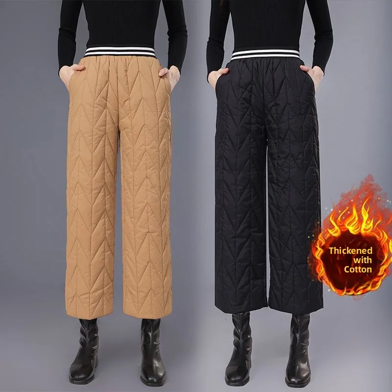

Faionable Thiened пуховые хлопковые брюки, женские зимние широкие брюки, свободные теплые утягивающие теплые брюки с девятью точками и высокой талией