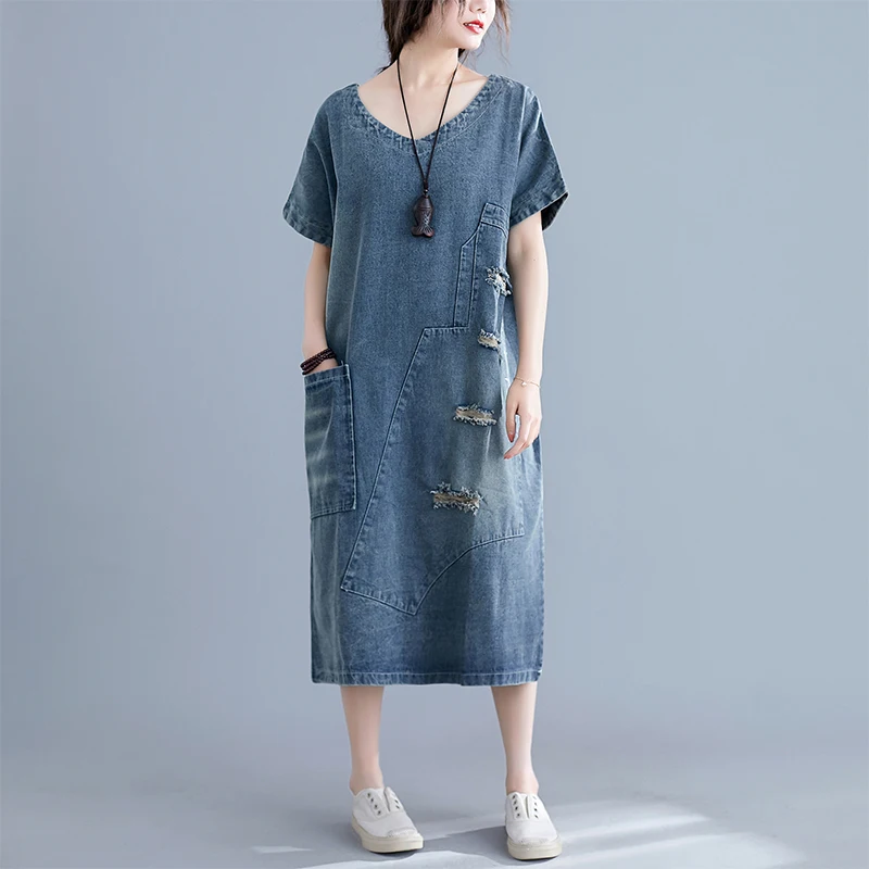 

Sli Vintage Summer Denim Midi Slimming Overhead V-Ne Women's Dr Loose plus Size ort Sve Artistic Commute