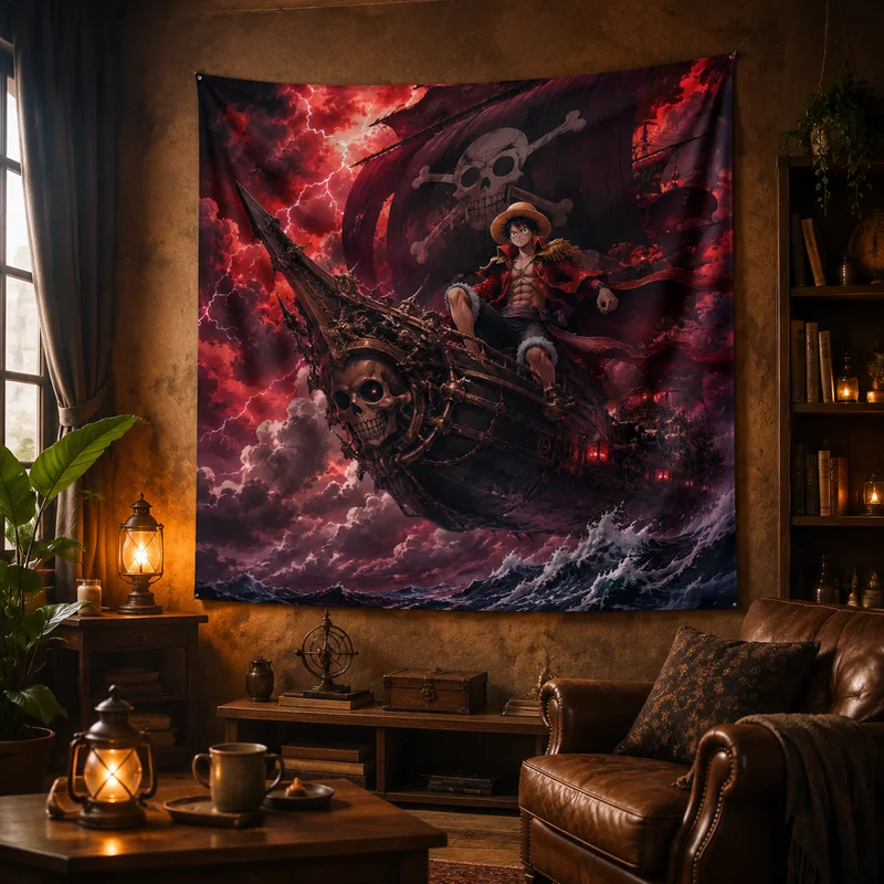 VIKAMA Sturm-Piratenschiff Luffy Anime Wandteppich Dunkle Leidenschaft Piratenkönig Bedruckter Wandbehang Anime Raumdekoration