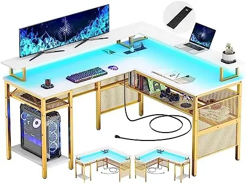 L Shaped Desk with LED Strip and Power Outlets, Reversible Corner Computer Desks with Monitor Stand and Storage Shelf, L- Shaped