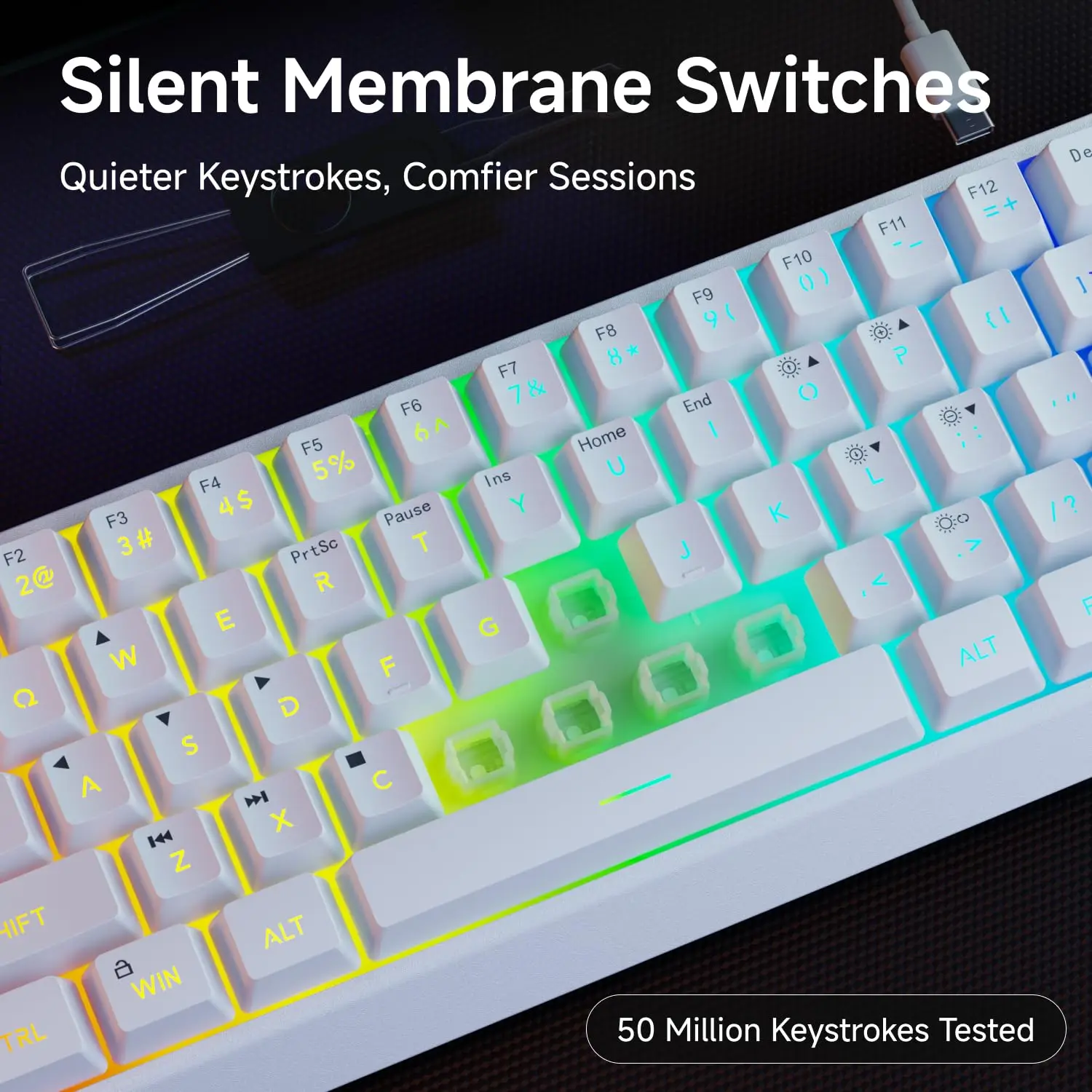EWEADN F61 لوحة مفاتيح سلكية 61 مفتاحًا RGB كمبيوتر ألعاب مكتبي صغير ومحمول لوحة مفاتيح مكتبية صامتة اتصال USB ثلاثة ألوان