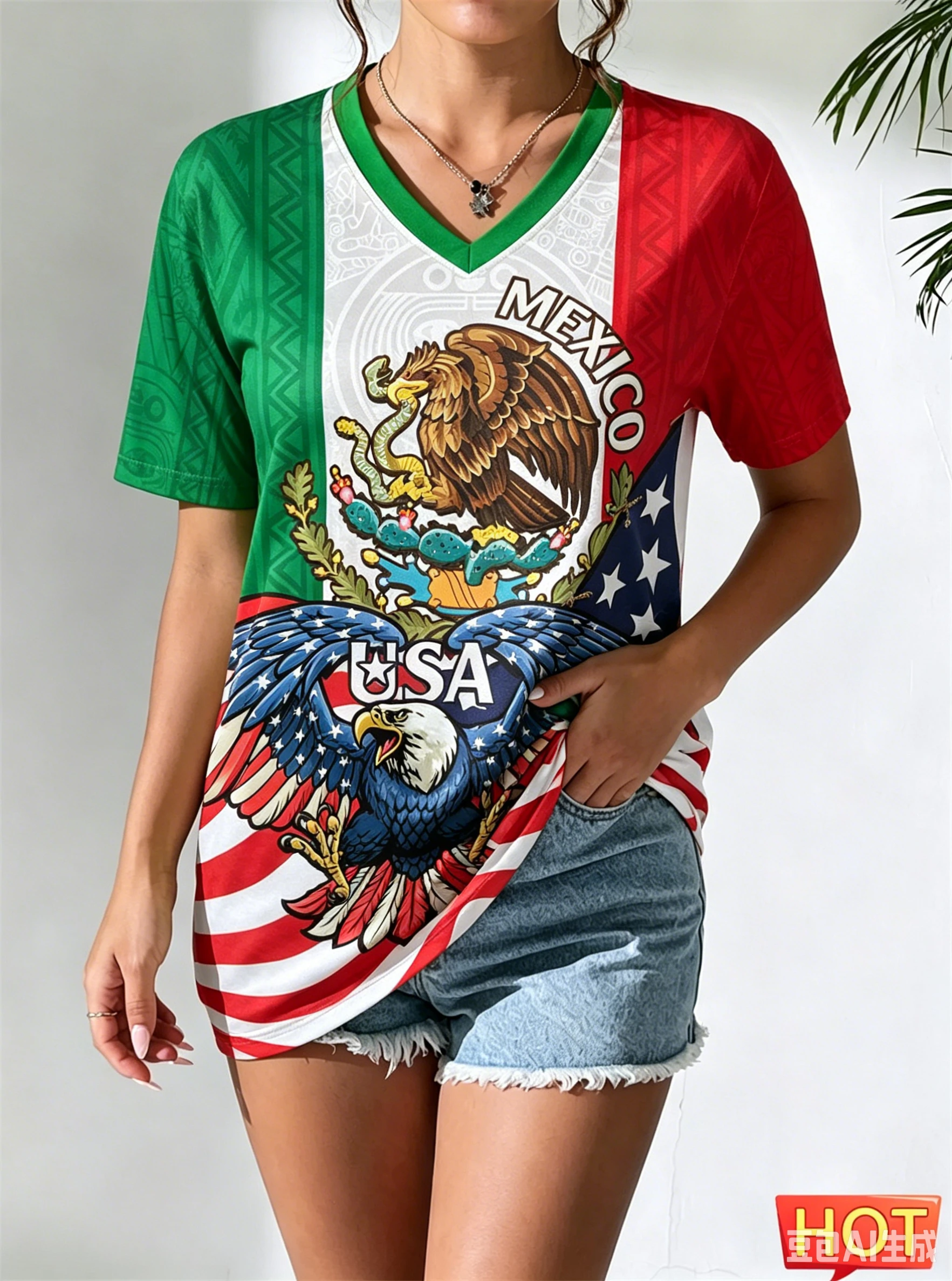 Camiseta Feminina com Estampa 3D da Águia do México, Casual de Verão, Decote em V, Manga Curta, Moda com Padrão da Bandeira Nacional do México