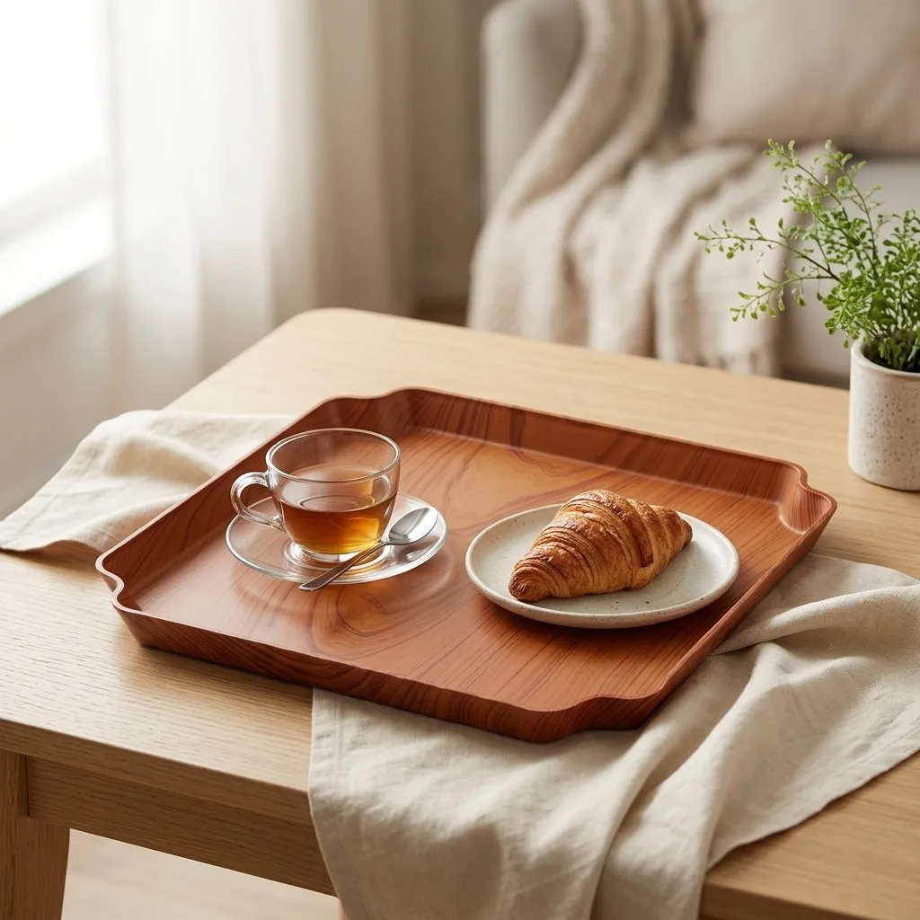 Wood Grain Plastic Serving Tray Stackable Square Decorative Food Coffee Tea Breakfast Plate Kitchen Storage Organizer Platter