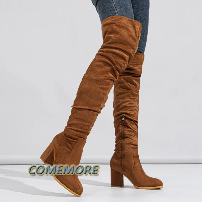 2023 New Fashion Round Toe Zip Thigh High Boot Women Autumn Winter Casual Chunky Heels Motorcycle Over The Knee Shoe Botas Mujer