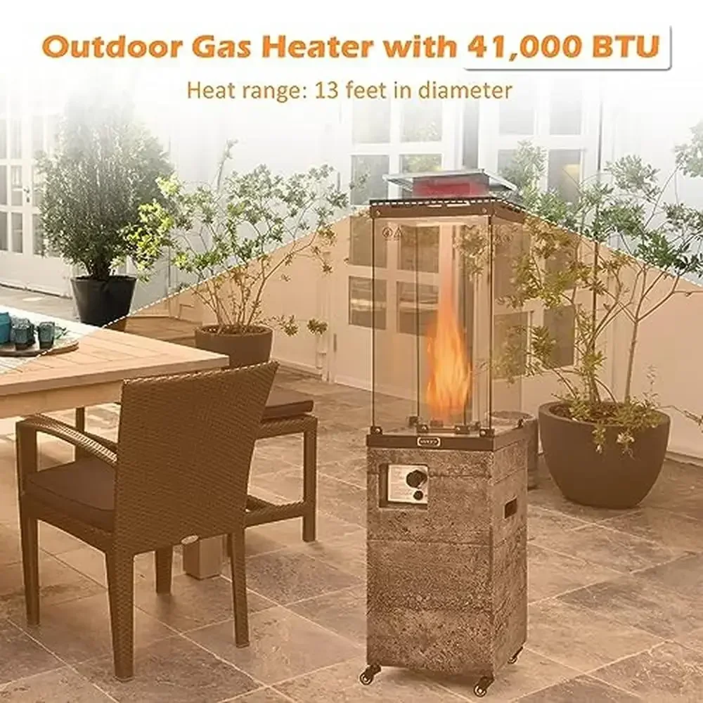 41,000 BTU Stainless Steel Patio Heater Waterproof Cover Lockable Wheels Tempered Glass Tube CSA Certified Outdoor Gas Heater