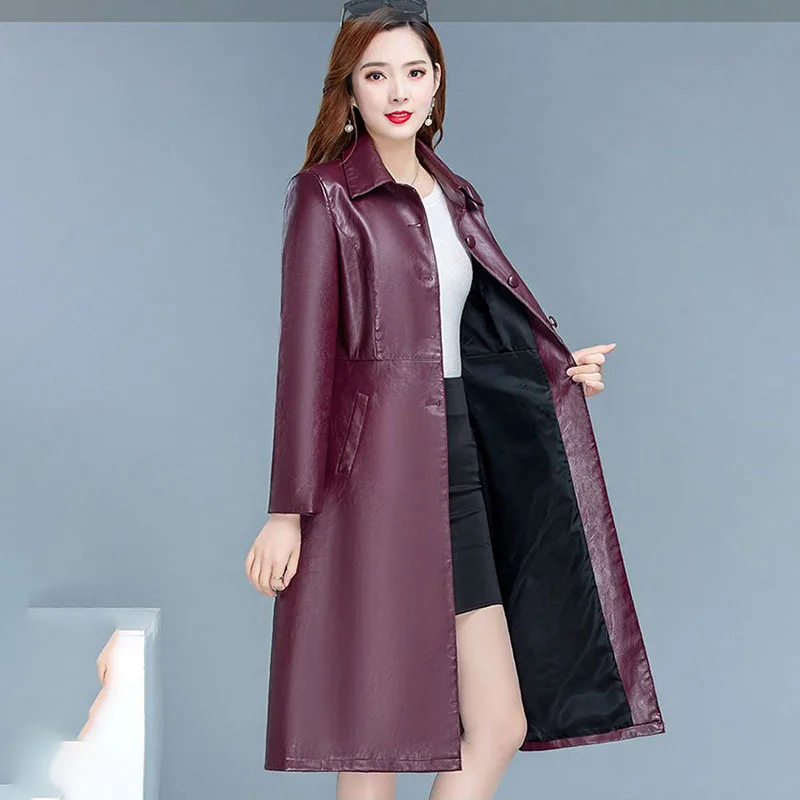 Chic Casual Leather Jacket Women Overcoat 2024 Spring Autumn New Korean Mid-length Slim Single-Breasted Leather Trenchcoat Coat