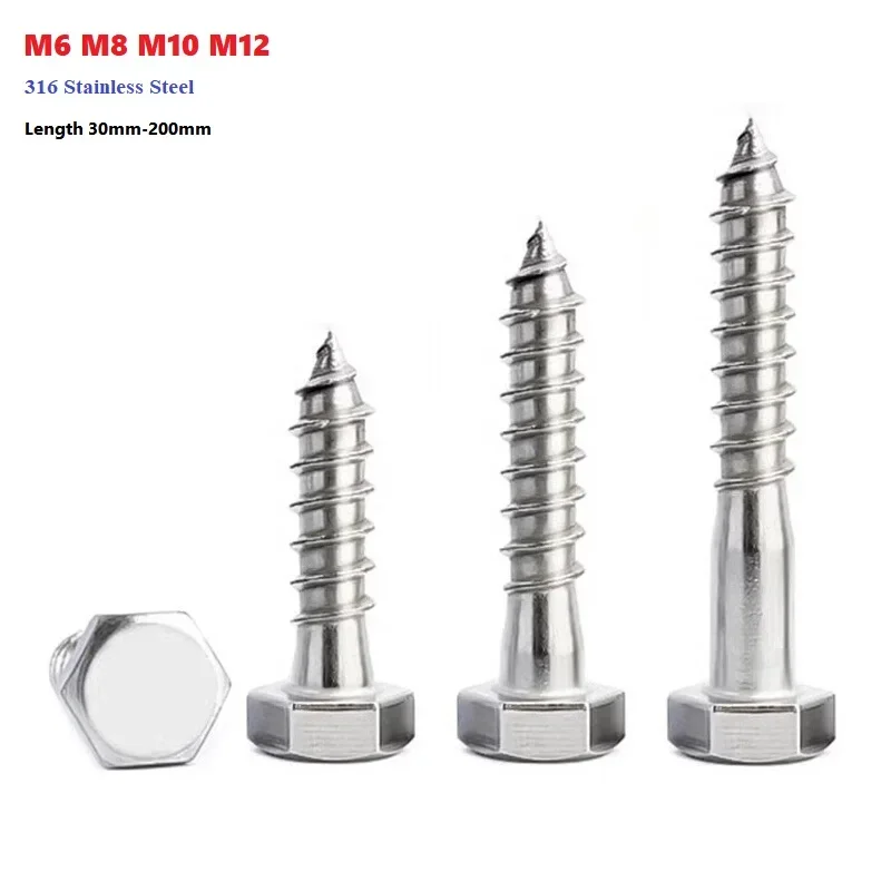 M6 M8 M10 M12 316 tornillo autorroscante hexagonal exterior de acero inoxidable tornillo de carpintería longitud 30mm-200mm