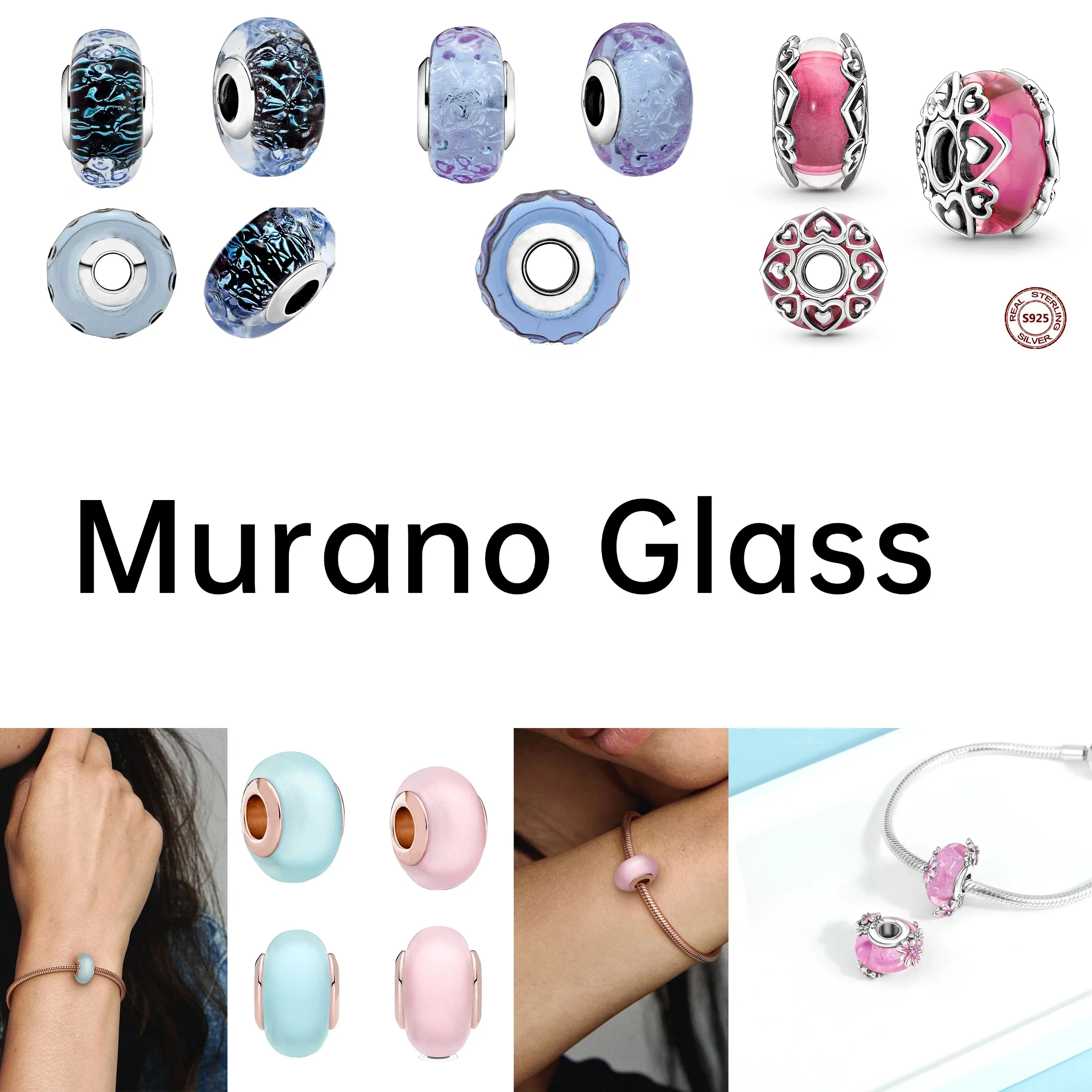 Murano Charm 925 Sterling Silver Galaxy Blue & Star Pink Glass Bead Iridescent Charms For Original Bracelet DIY Jewelry Making