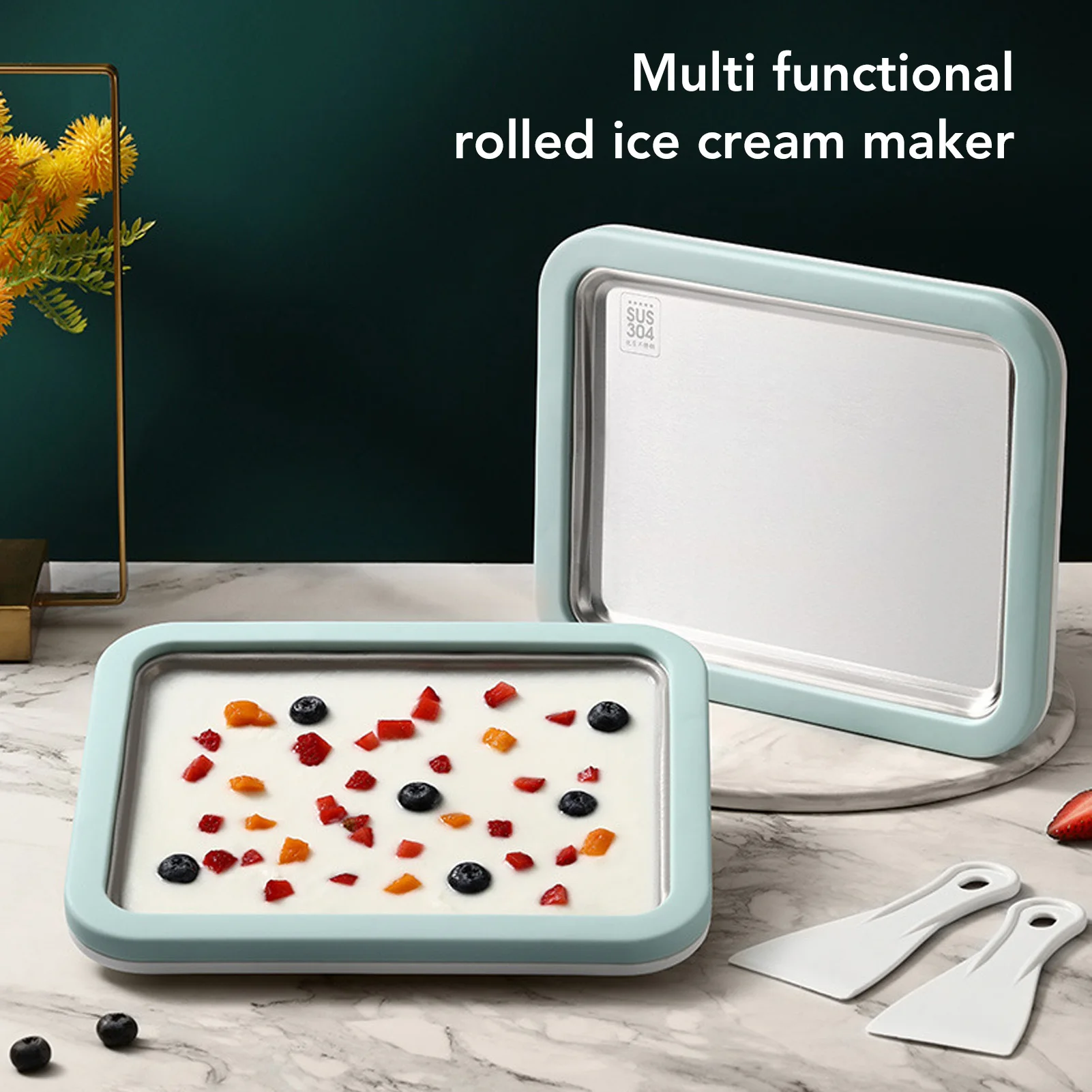 

Ice Cream Maker Pan with 2 Scrapers Ice Cream Maker Plate Multifunctional Cold Sweet Fried Food Plate Rolled Ice Cream Maker