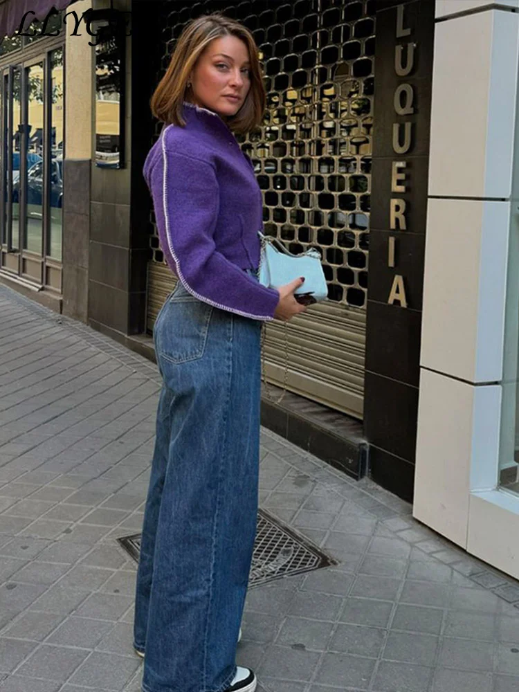 Cárdigan morado corto de punto para mujer, suéter de manga larga con cuello levantado y botonadura única, prendas de punto acogedoras, moda de otoño, 2024