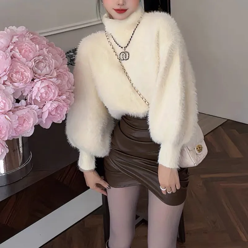 Premium-Strickpullover mit hohem Kragen und modischem Ganzjahres-Nerzfell für Damen, langer Sve-warmer, verdickter Wintermantel
