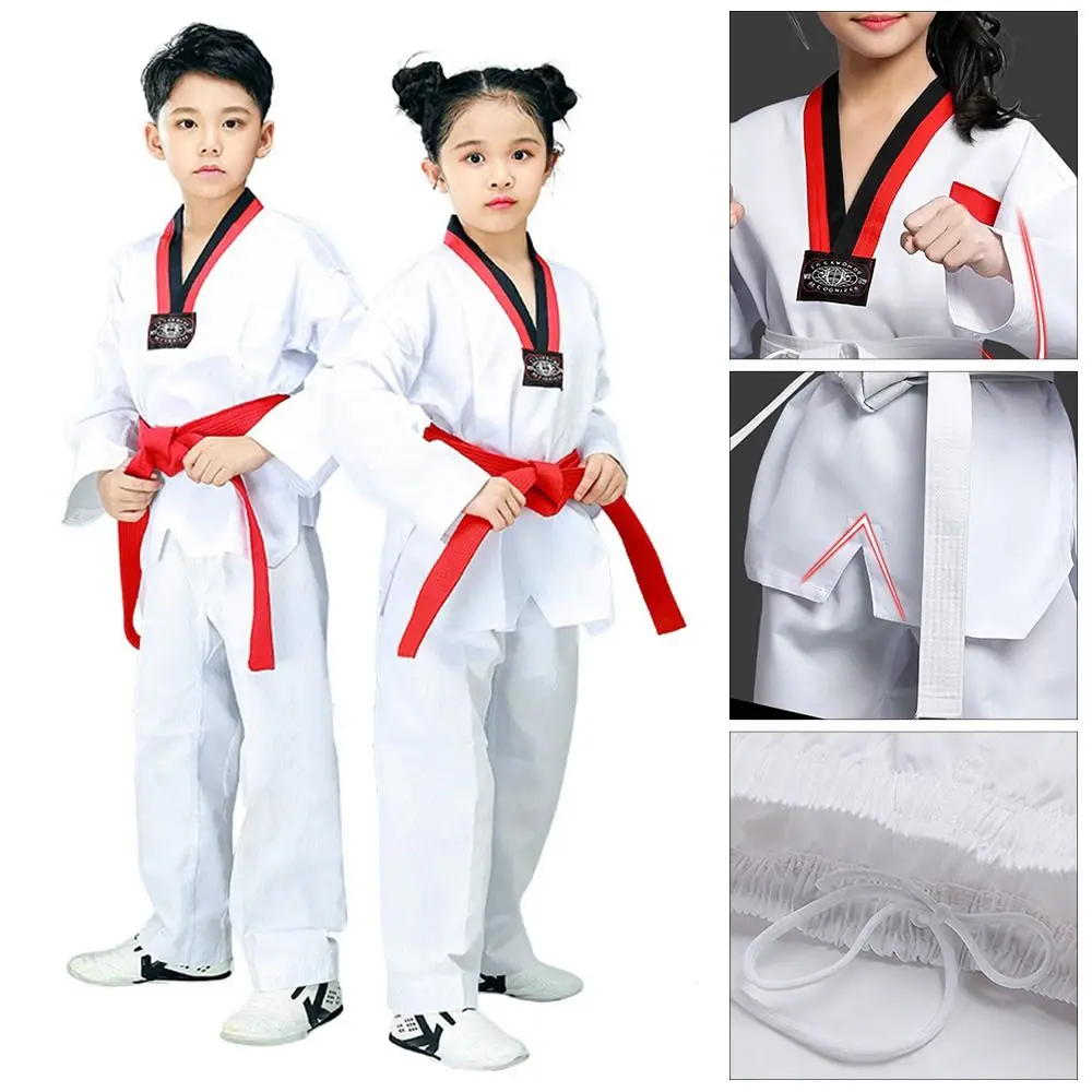 

Fashion White Kids TKD Costumes Cotton V-neck WTF Karate Uniform Long Sleeve Professional Gi Uniform Children