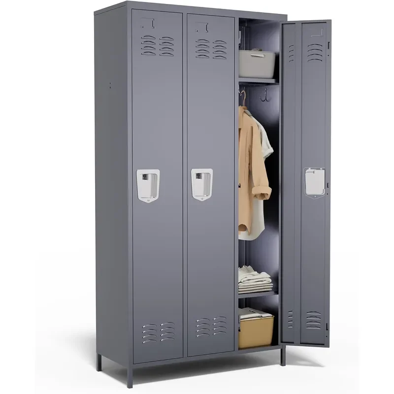 3 Door Metal Lockers for Employees Heavy Duty Hooks 72 Secure Storage for Home Offices Schools Gyms Gray