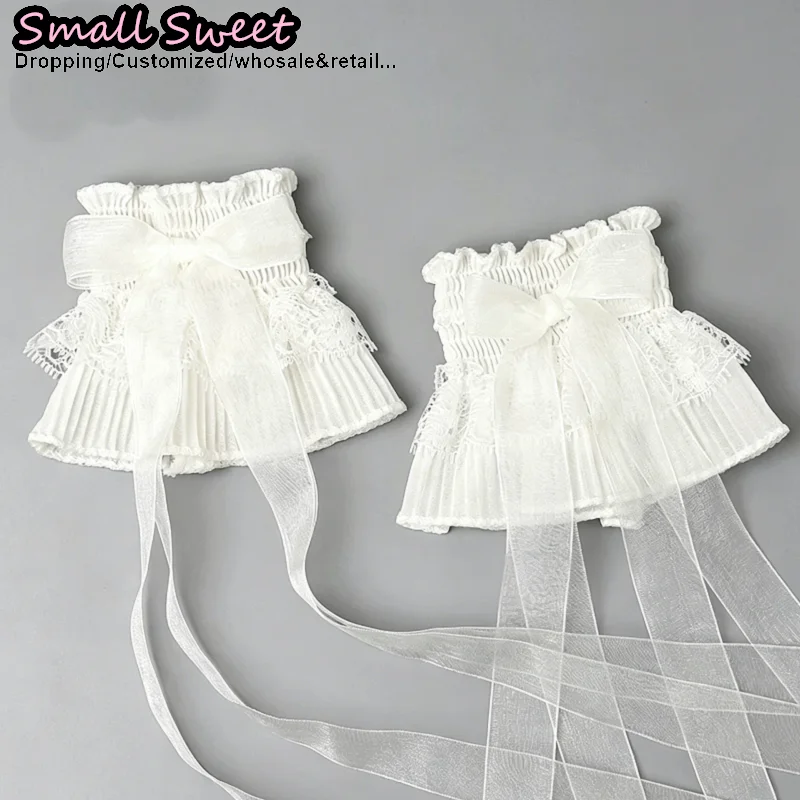 Women Y2K Yami Kawaii Girl Lace Trim Bow Arm Sleeves Lolita Tulle Ribbons Wedding Accessories Jk Matching Bangleswrist Cuff
