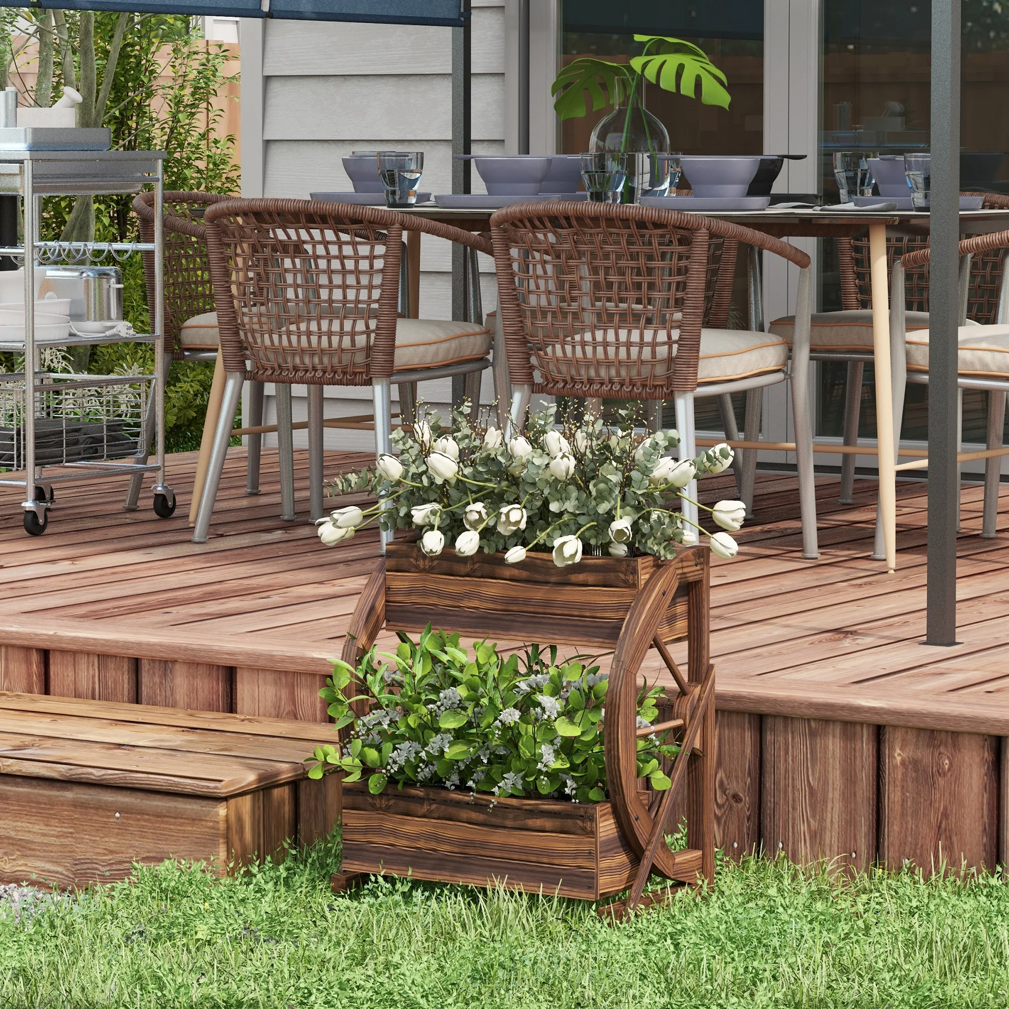 Wooden Wagon Planter Box, 2-Tier Raised Garden Bed, for Vegetables Flowers Herbs, 22" x 13" x 22"