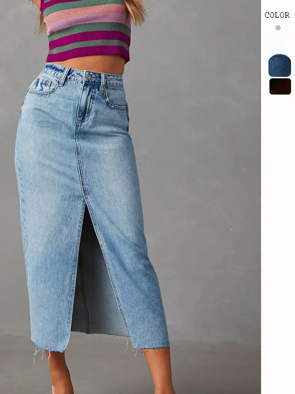 

A-Line Denim Skirt Front Slit High Waist Long Skirt Street Sle Summer Faion Women's Midi Skirts without
