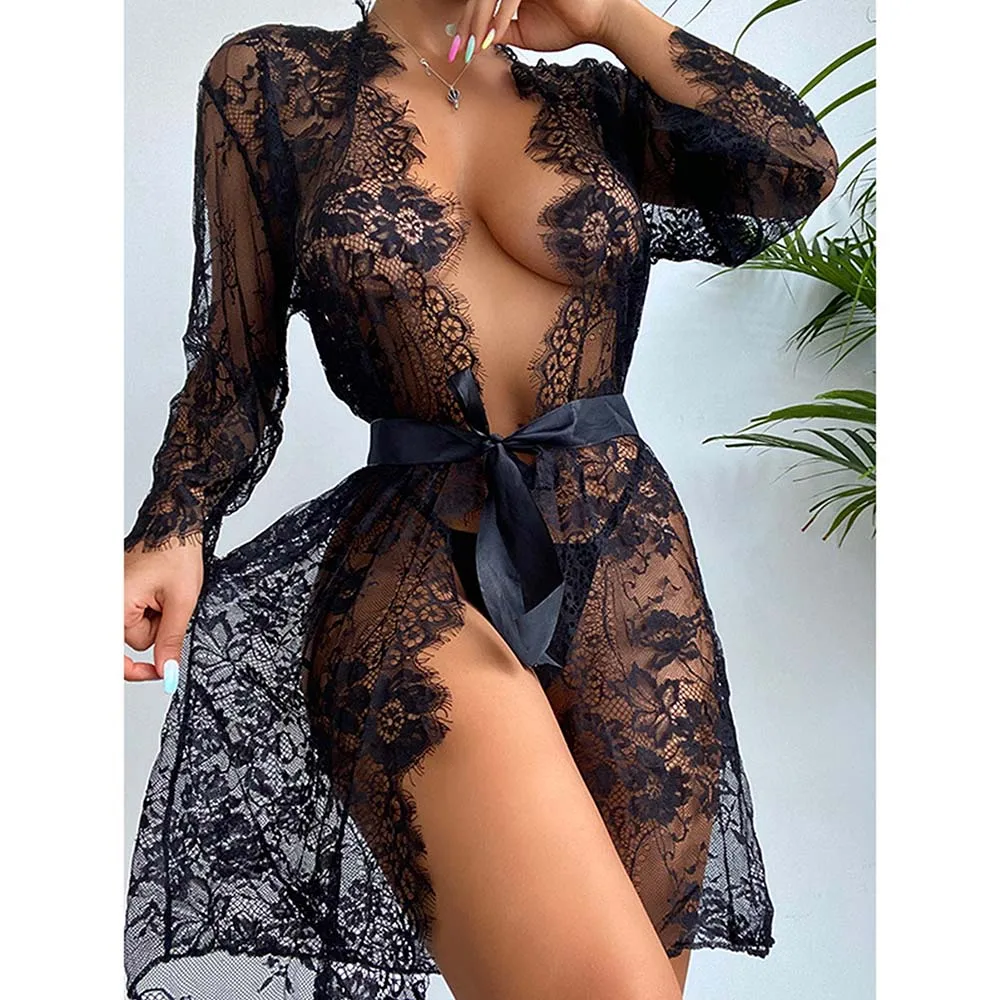 Mesh See Through Sexy Nightwear Women Lingerie Pajamas Lace Solid Color Long Sleeve Night Dress Erotic Pajamas Nightgown