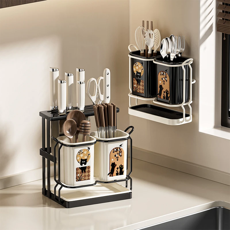 Wall Mounted Kitchen Cutlery Organizer Light Luxury Chopstick Spoon Holder Stainless steel Utensil Drying Rack