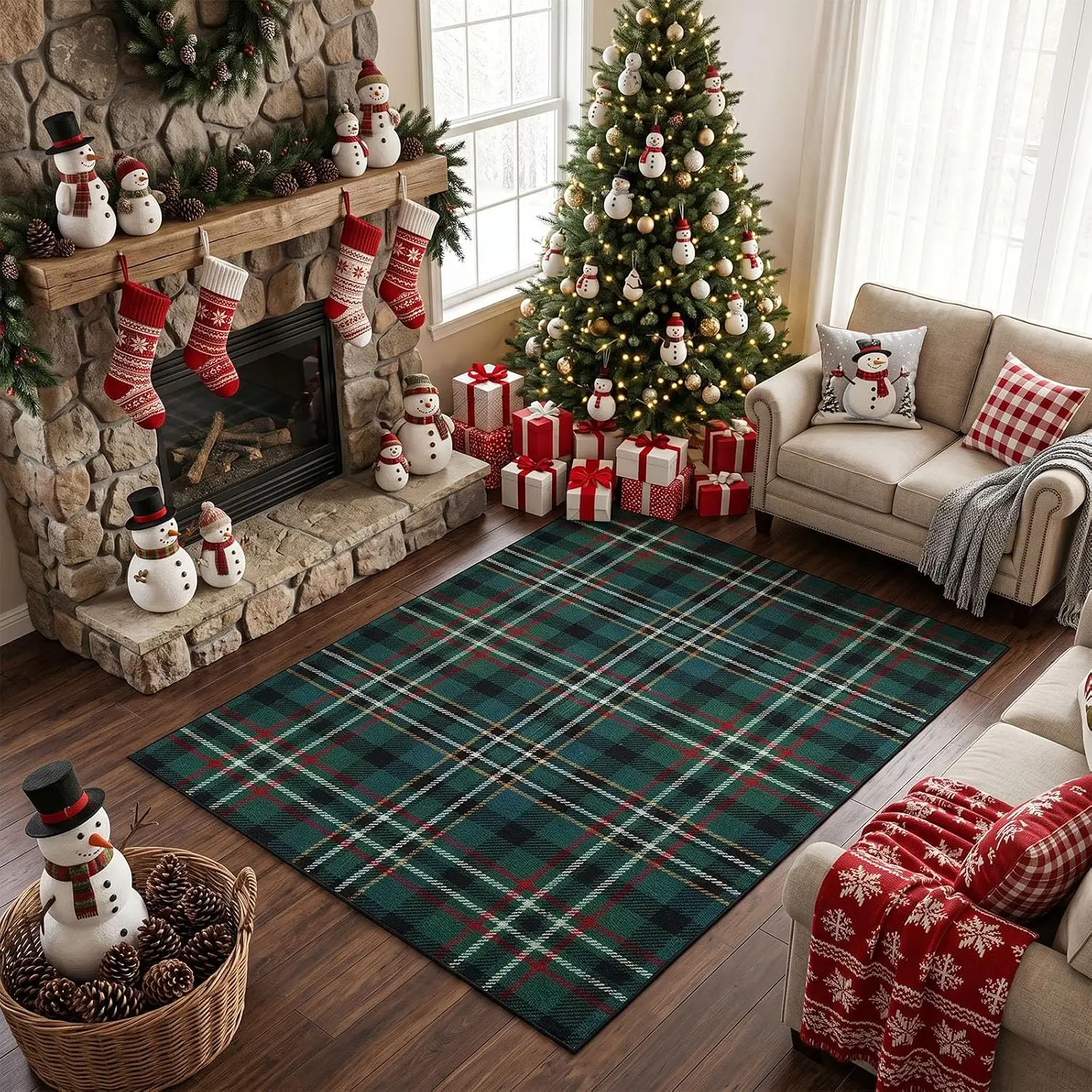 Extra Large 6x9 Christmas Area Rug Green Tartan Plaid Carpet Washable Non Slip Throw Rug for Living Room Home Decor