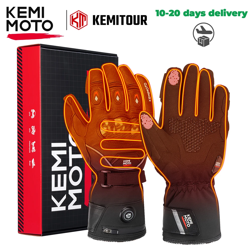 

KEMIMOTO Winter UTV Leather Heated Gloves For Off-Road Moto Snowmobile Waterproof Touch Screen Heated Gloves Battery Motorbike