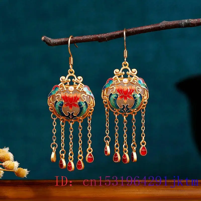 White Real Jade Lotus Earrings Stone Fashion Talismans 18K Gold Plated Amulet Accessories Women Natural Jewelry Carved Energy