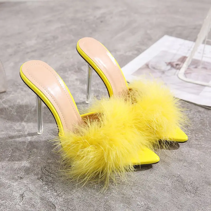 Comemore Sandals Elegant Woman Sneakers Slippers Transparent High Heels Fur Stiletto Pink Mules Evening Party Women Shoes 2023