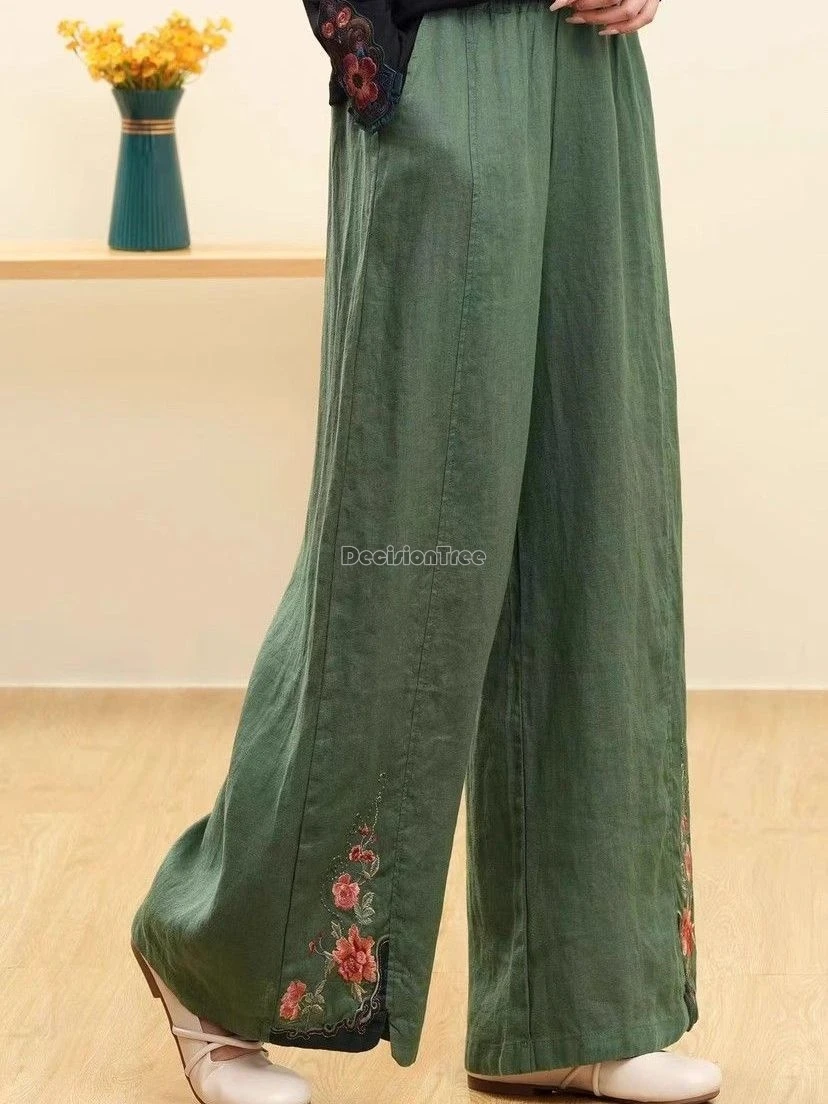 2024 new literature art casual pants chinese ethnic style elastic waist cotton linen trousers embroidery loose wide leg britches