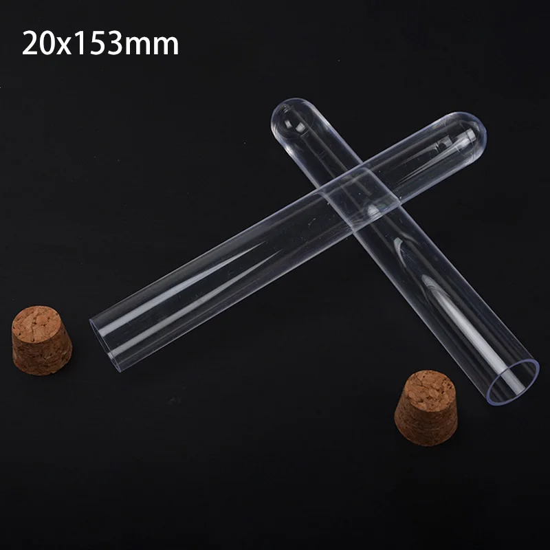 10pcs-100pcs 20x150mm Round Bottom Clear Plastic Test Tube with Cork Stopper for School