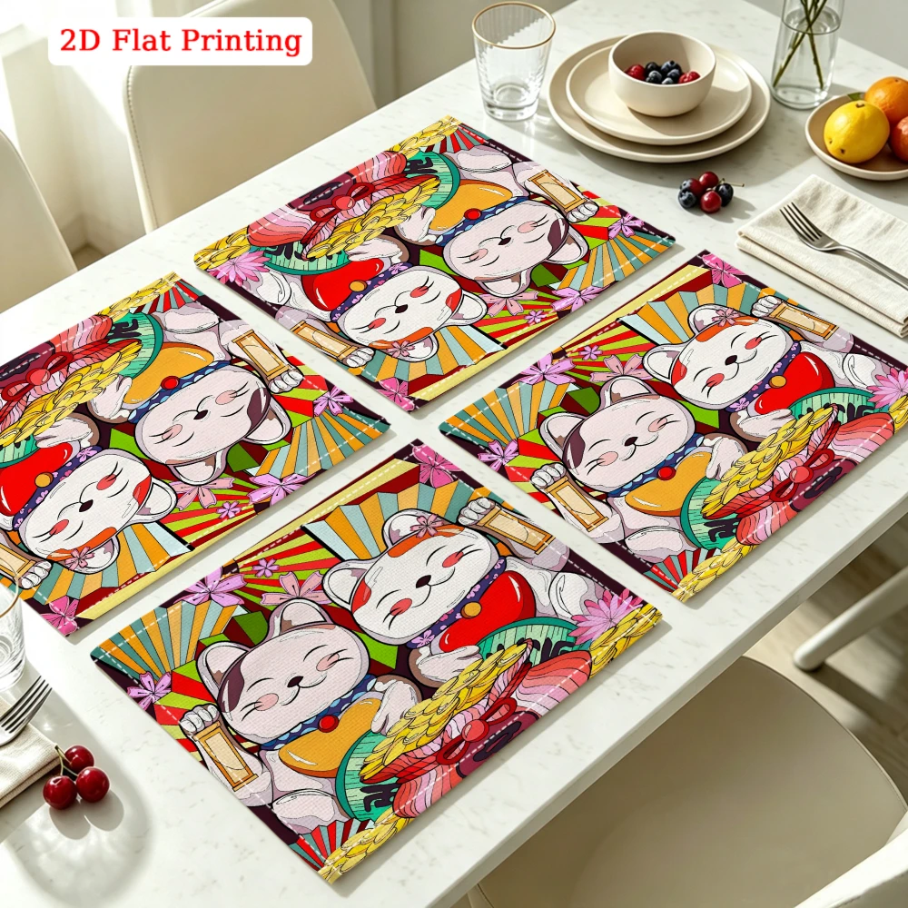 2Pcs Japanese Lucky Cat Placemat Multicolor Fortune God Print Table Mat Kitchen Dining Decor Non Slip Heat Resistant 30X40Cm